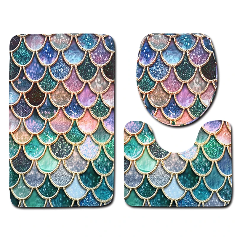 

3pcs Fish Scale Bathroom Carpet Set Mermaid Style Colorful Shower Bath Mat Home Decor Anti Slip Toilet Lid Cover Rug Floor Mats