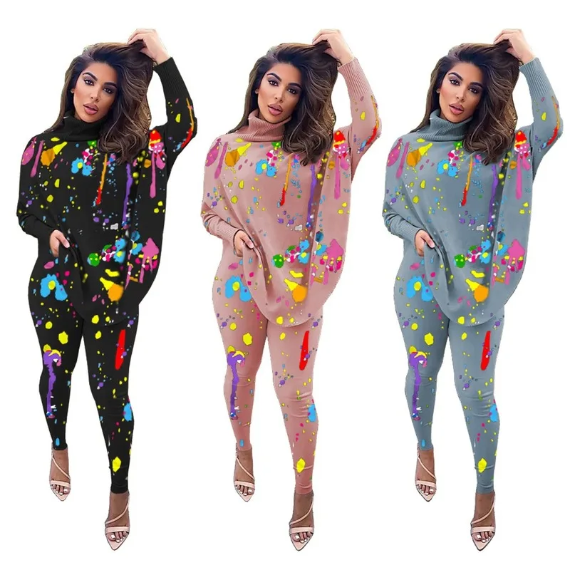 

BJYL Tie Dye Print Bat Sleeve High Collar Irregular Tops and Pants Two Piece Set Tracksuit Casual 2 Piece Sets Womens Outfits