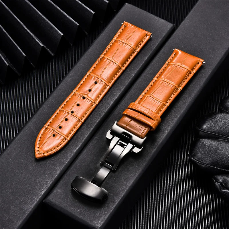 Premium Genuine Leather Watchband with Butterfly Buckle - Elegant Men's Strap Accessory