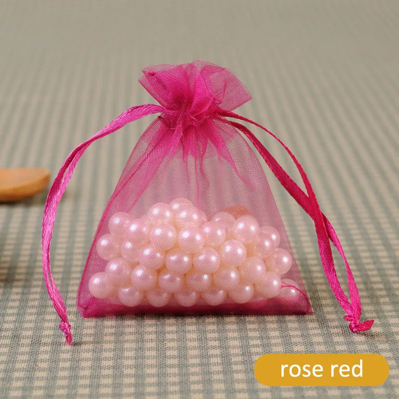rose red 22 цвета на выбор 9*12 см, многофункциональные сумки для конфет, мешочек из органзы для ювелирных изделий, Ювелирная упаковка, сумка на шнурке, 100 шт, самодельная посылка - Цвет: rose red