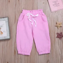 Лето, стиль, Европа и Америка, детская одежда, хлопок, лен, сплошной цвет, повседневные штаны с завязкой, яркие цвета