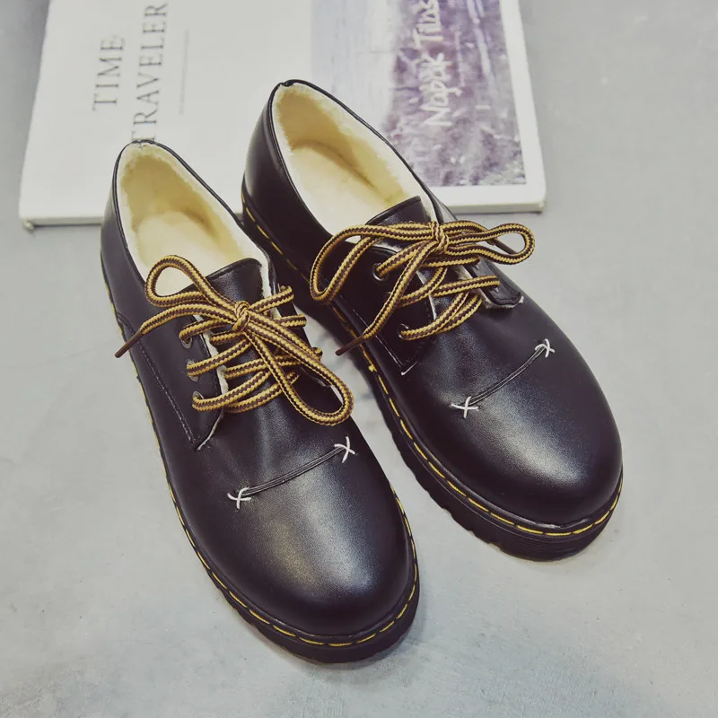 Black plus velvet Meifeini/ г. Осенне-зимняя новая женская обувь с круглым носком Корейская версия диких маленьких туфель обувь на толстой подошве в стиле ретро - Цвет: Black plus velvet