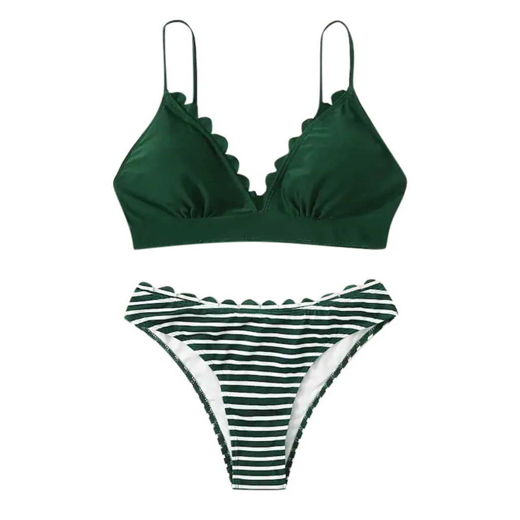Striped Pattern Bottoms Wave Edge Tops Women's Swimming Tankini Padded Swimsuit Monokini Push Up Bikini Sets Swimwear Biquinis | Женская