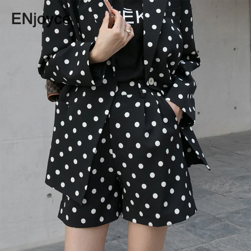 2020 Spring Summer Vintage Polka Dot Printed Blazer Shorts Women Casual Wide Leg Female Blazers Elegant Office Ladies Set | Женская