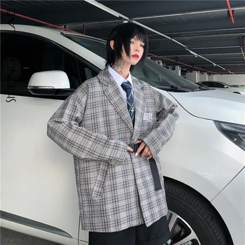 

SHENGPALAE 2020 Fashion Autumn Harajuku Women Blazers And Jackets Work Office Lady Suit Slim Business Plaid Loose Coat ZA3315