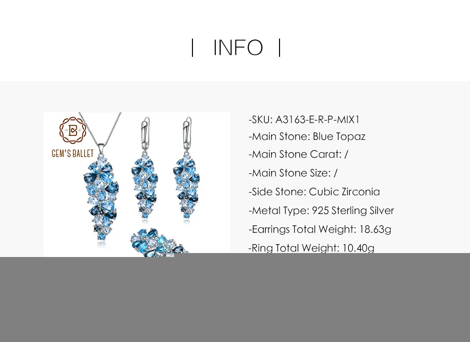 Серьги-кольца GEM'S BALLE с натуральным голубым топазом, набор с подвеской из 925 пробы серебра, Роскошные Ювелирные наборы с драгоценным камнем по месяцу рождения для женщин