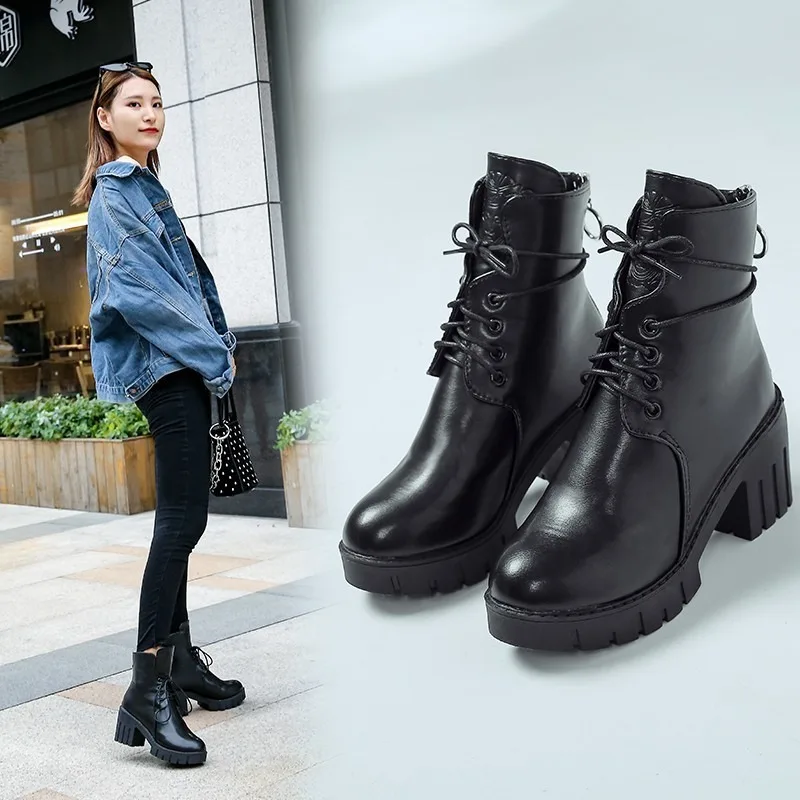 

Martin Boots Female Spring and Autumn New Round Head Thick with High Heel Platform Thick Bottom Short Boots Fashion Boots S0163