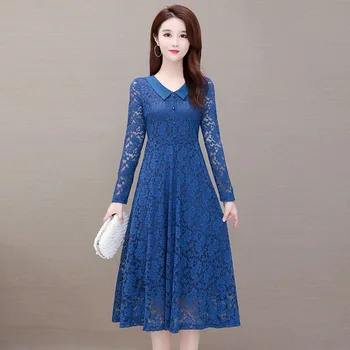

Knee length mid length doll Neck Lace Dress for women fall 2020 new slim fit long sleeve temperament large A-line