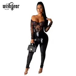 Wishyear/кружевные лоскутные штаны из искусственной кожи 2019 г., Осень-зима, новые женские сексуальные эластичные брюки из искусственной кожи с