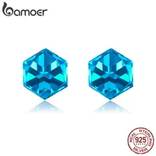 Bamoer, синие кубические серьги-гвоздики для женщин, 925 пробы, серебряная австрийская серьга из горного хрусталя, свадебные корейские ювелирные изделия BSE208