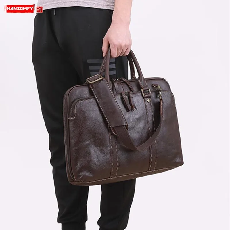 

Business real Genuine leather Men's handbag male 14 15.6 inch Laptop briefcase soft leather men travel shoulder Messenger bags