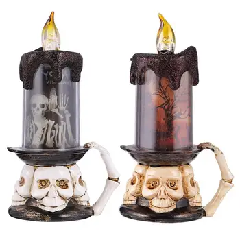 

1 Set 2Pcs Halloween Decoration Creepy Skeleton Candle Lamp Decorative Light Halloween Props Skull Pumpkin Candle Light