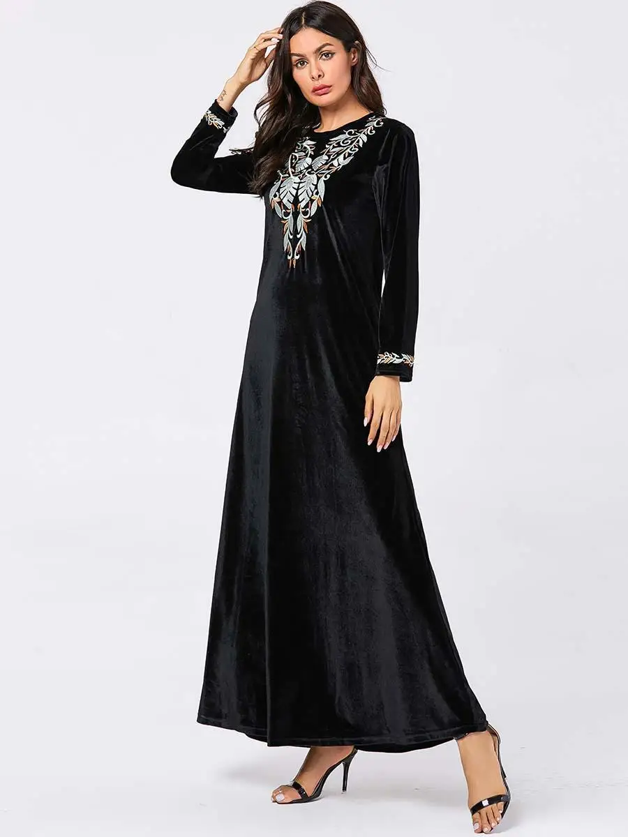Дубай бархат Абая, для мусульман женщин вышивка платье макси с длинным рукавом Кафтан зима осень платье с круглым вырезом модное платье Новое