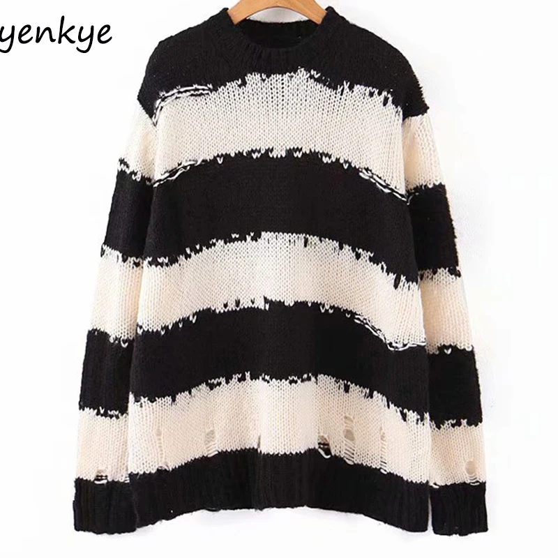 

2019 Women Fashion Hole Vintage Mohair Sweater Female O Neck Long Sleeve Vintage Oversize Sweater Autumn Pullover pull femme