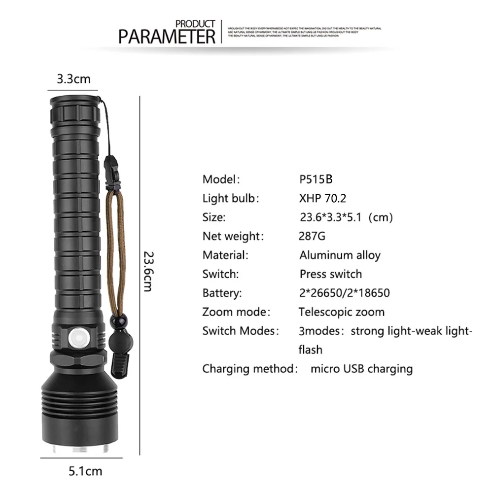 D50 AliBrit XLamp xhp70.2 самый мощный светодиодный фонарик Перезаряжаемый 18650 или 26650 аккумулятор фонарик походный фонарь