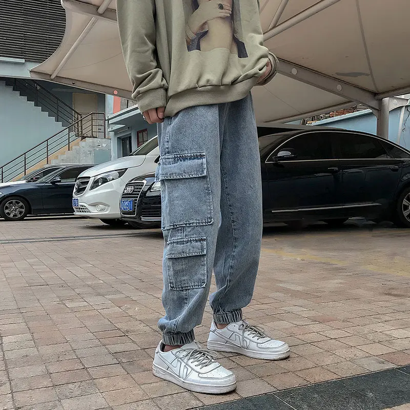 Drawstring Straight Jeans Men's Fashion Retro Multi-pocket Tooling Jeans Pants Men Streetwear Loose Hip Hop Denim Trousers M-5XL