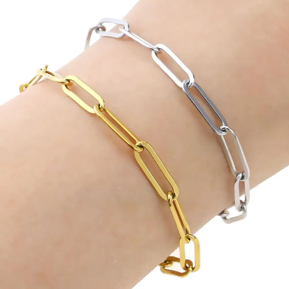 Aiovlo Stainless Steel Adjustable 4mm Chain Bracelets Gold Oval Squash Bracelet Simple Hip Hop Jewelry for Women Men Gifts