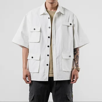 

#0191 Summer Japanese Streetwera Casual Cargo Shirt Men Cotton Multi Pockets Loose Big Size 5XL Man Printed Shirt Short Sleeves
