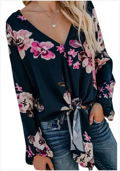

Shirts Fall 2019 New V-neck Long Sleeve Knotted Printed Retro Top