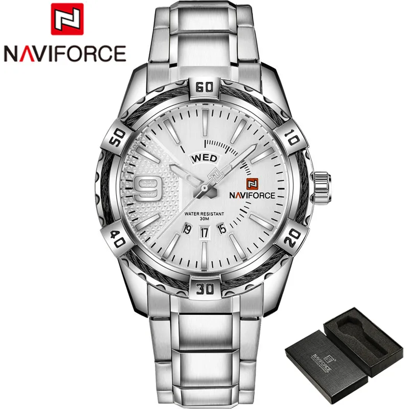 NA9117S05 with box NAVIFORCE мужские наручные часы водонепроницаемые мужские часы армейские Бизнес Календарь из нержавеющей стали спортивные, военные кварцевые мужские часы 9117 - Цвет: NA9117S05 with box