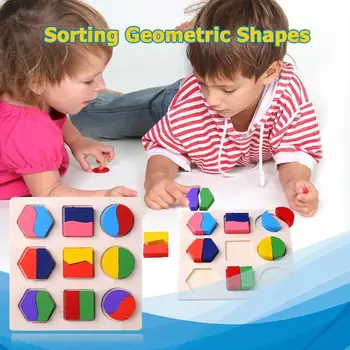 

Wooden Geometric Shapes Montessori Puzzle Sorting Math Bricks Preschool Learning Educational Game Baby Toddler Toys for Children