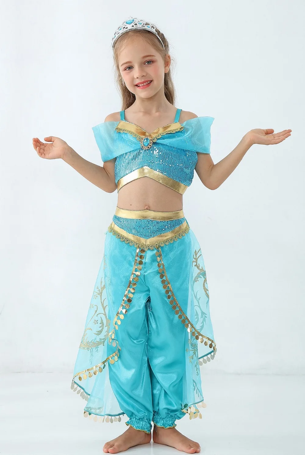 Платье Цвета жасмин для девочек, комплект из 3 предметов, арабский костюм принцессы для костюмированного представления, расшитый блестками цветок, детское праздничное платье на Хэллоуин