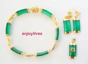 

new Style Hot sale***Green jade Yellow Plated Fortune Pendant Necklace Bracelet Earrings Set Fashion Wedding Party Jewellery