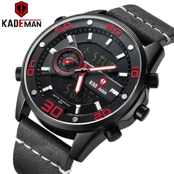

KADEMAN Luxury Men Sports Watches Digital LED Dual Display Quartz Leather Wrist Watch Fashion Waterproof Relogio Masculino Clock