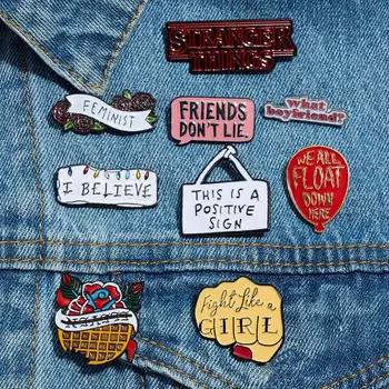 

Friends don't lie Enamel Pins Cartoon Series Brooch Feminism liberalism Red Rose Floral Badge Lapel Pins Gift for Women girls