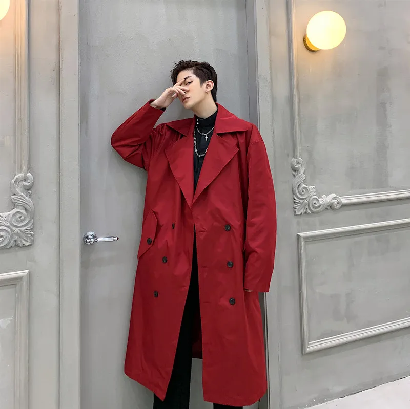 Male Vintage Streetwear Hip Hop Red Jacket Windbreaker Overcoat Male Women Double Breasted Loose Casual Red Trench Coat