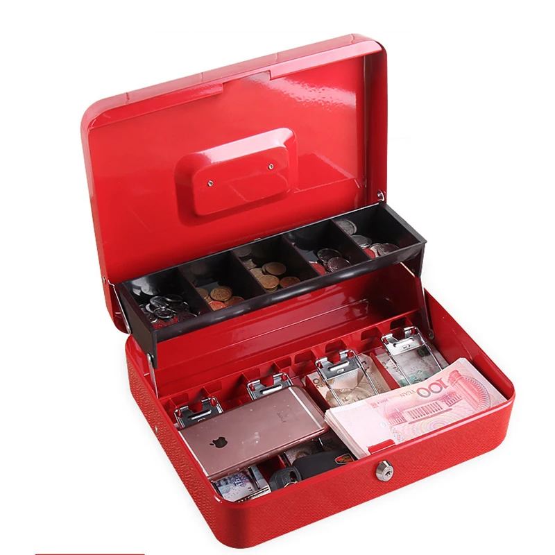 Large Metal Cash Box for Safe Storage Cash Cash Box with Key or Combination Lock with 5 Coin Compartments 4 Bills Spring Clips