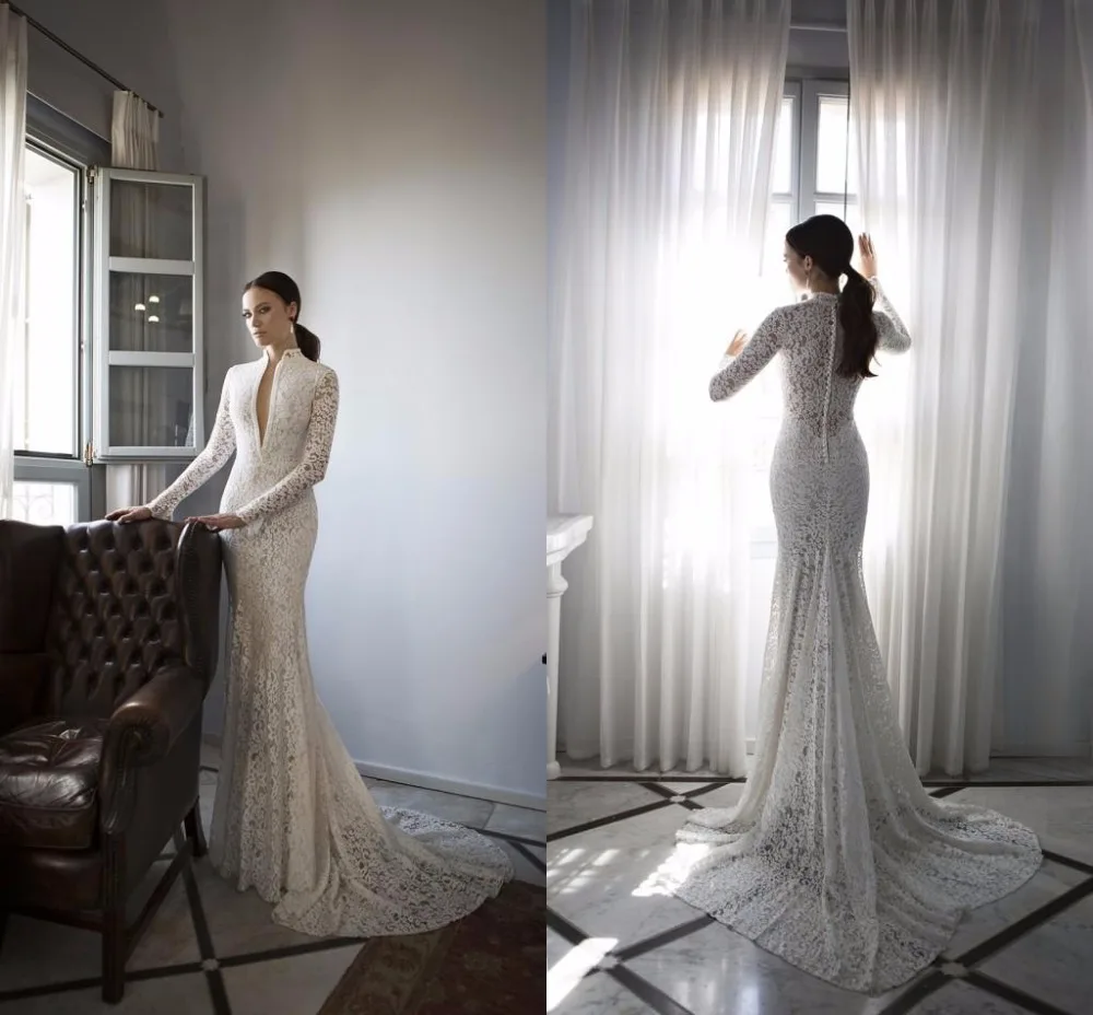 

2018 Spring Long Sleeves Lace Mermaid Deep V Neck Pearls Sexy Lace Mermaid bridal gown Sweep Train mother of the bride dresses