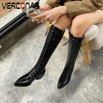 

VERCONAS Fashion Cross-Tied Pointed Toe Knee-High Boots Women Genuine Leather High Heels Shoes Woman Autumn Winter Zip Long Boot