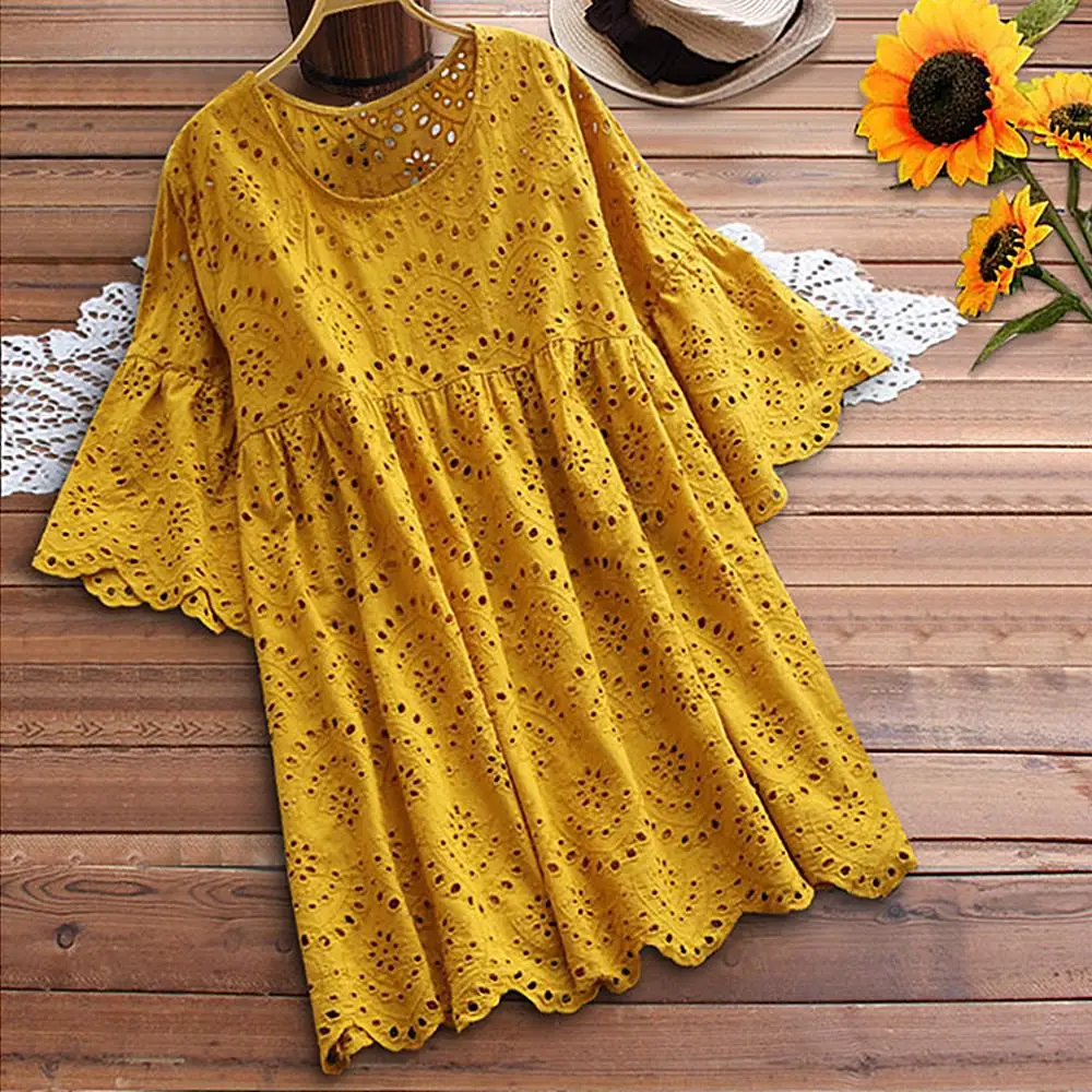

PUIMENTIUA Women Lace Embroidery Sexy Blouse Long Sleeves Causal White Cotton Mini Shirt Hollow Out Solid Top Tee Summer Autumn
