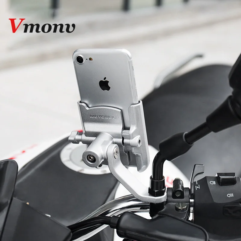  Vmonv Upgrade Universal Metal Chargable Motorcycle Rearview Mirror Cell Phone Holder Stand Support 