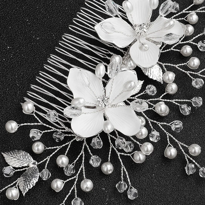 Floralbride Handmade Wired Rhinestones Crystal Pearls Flower Wedding Hair Comb Bridal Headpieces Hair Accessories Women Jewelry