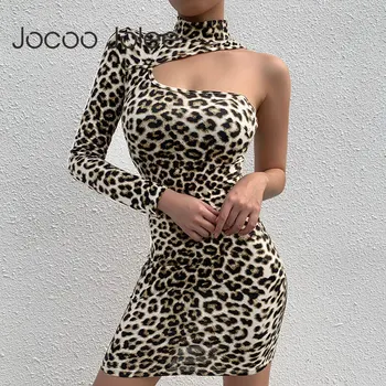 

Sexy Snake Leopard Print Bodycon Dress Casual Turtleneck Long Sleeve One Shoulder Tight Dress Hollow Out Party Club Mini Dress