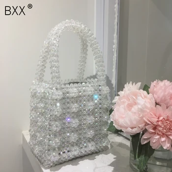 

[BXX] 2020 Summer Women's New Arrival Solid Color Beaded Woven Bag Transparent Imitate High Quality Pearl Bag Handbag LM800