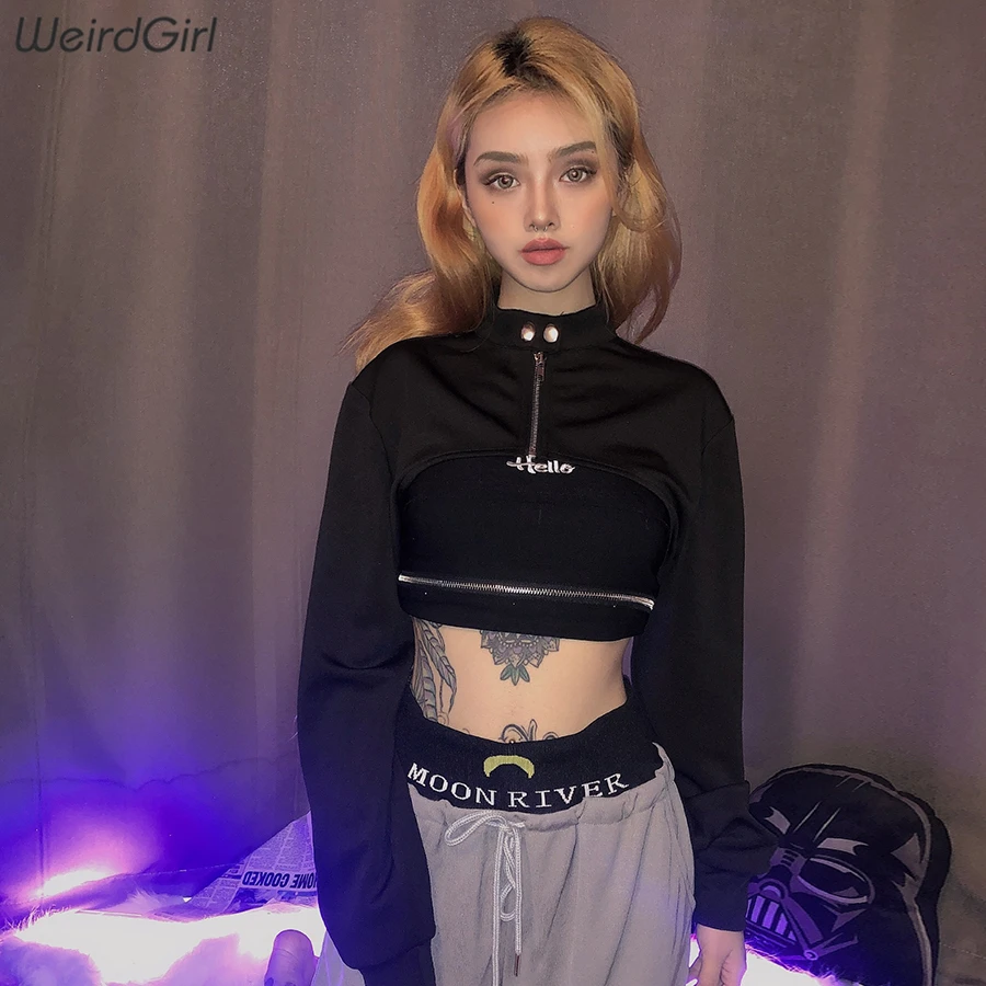 Weirdgirl Осенние новые куртки на молнии женская верхняя одежда пуговица короткий узкий Топ Платье-водолазка с длинными рукавами женский ночной клуб короткое Топ