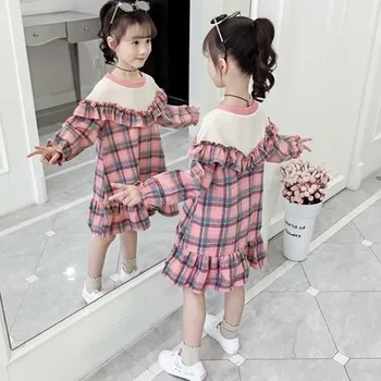 

Spring and autumn new girls baby dress children's fashion long-sleeved striped plaid lotus leaf in the big child princess dress