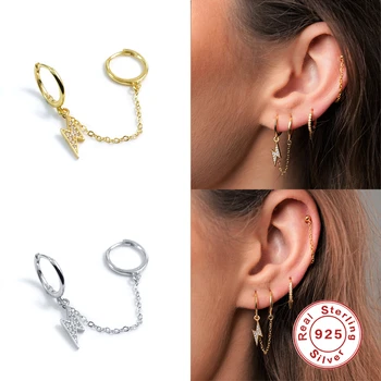 

BOAKO 925 Sterling Silver Double Circle Hoops Chain Clips On Earring Safe Loops Lightning Zircon Pendant Ring Women Jewelry 1PC