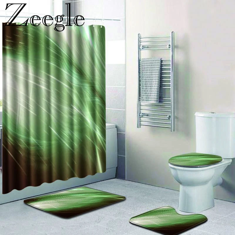 Zeegle 4pcs Bathroom Curtain Bath Mat Set Anti-slip Shower Carpet Toilet Rug Absorbent Foot Mat Washable Bathroom Carpet Set