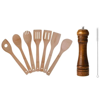 

2 Set Kitchen Tools: 1 Set Bamboo Cooking Utensils Set 11.8 Inch & 1 Set Pepper Grinder with Ceramic Grinder 8 Inch