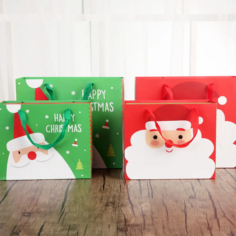 

12pcs Merry Christmas Gift Box Handbag With Bow Xmas Eve Santa Claus Red Green Sweet Packaging Paper Boxes Set Cookie Candy Bag