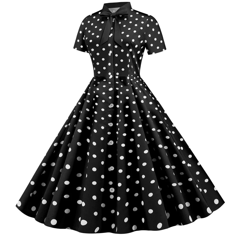 Vestido elegante de lunares negros para mujer, Túnica Vintage de los años 50 y 60, Vestidos para Pinup y oficina, Vestidos de manga corta con botones - AliExpress