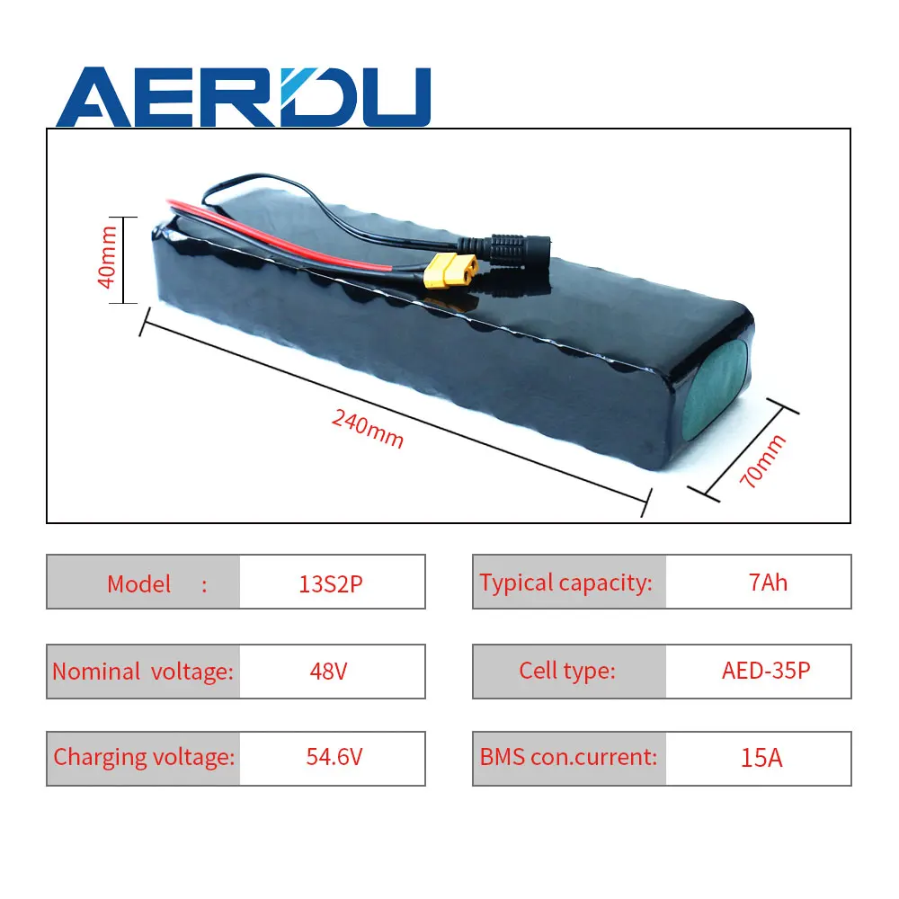 Литий-ионный аккумулятор AERDU 48 В 13S2P 7 Ач 500 Вт 18650 для электрического велосипеда