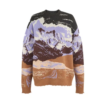 

Destroyed Holes Loose Sweater 2019 Winter Hit Color Snow Mountain Landscape Jacquard Knit Sweater O-Neck Oversize Pullover P-196