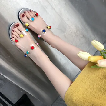 

New 2020 Summer Color Rivets Fashion Slippers Women Outdoor Transparent Rhinestone Thick Heel Slippers Ladies High Heels