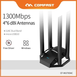 Comfast receptor WI FI de 1300Mbps, antena de doble banda 4 x 6dBi, tarjeta de red de largo alcance SIN controlador, adaptador de escritorio de 2,4 y 5GHz, CF WU785AC