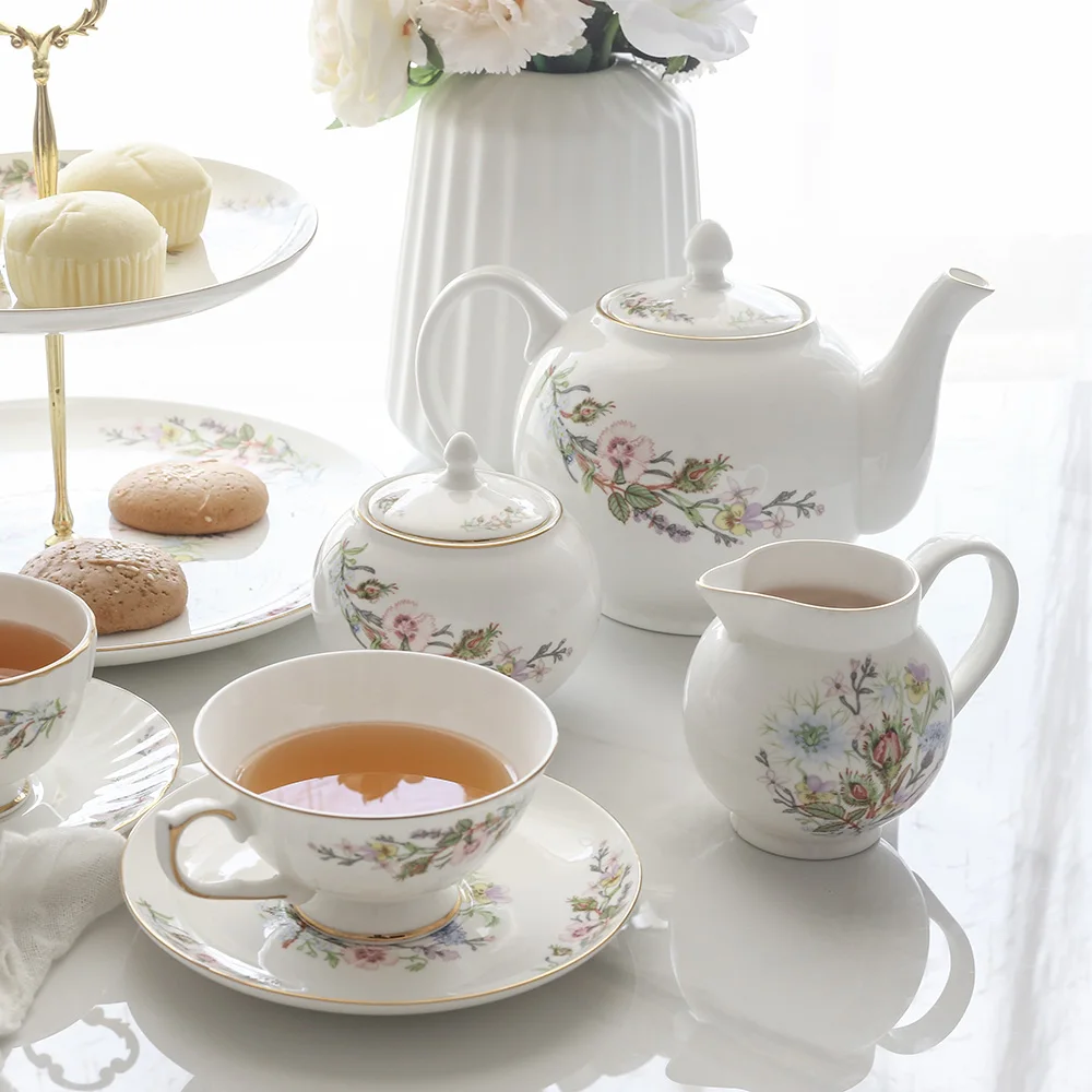 British Bone China Teapot Teacup Saucer Fruit Plate Snack Cake Tray Coffeeware Mugs Household Tableware Set coffee cup saucer set teapot cup set